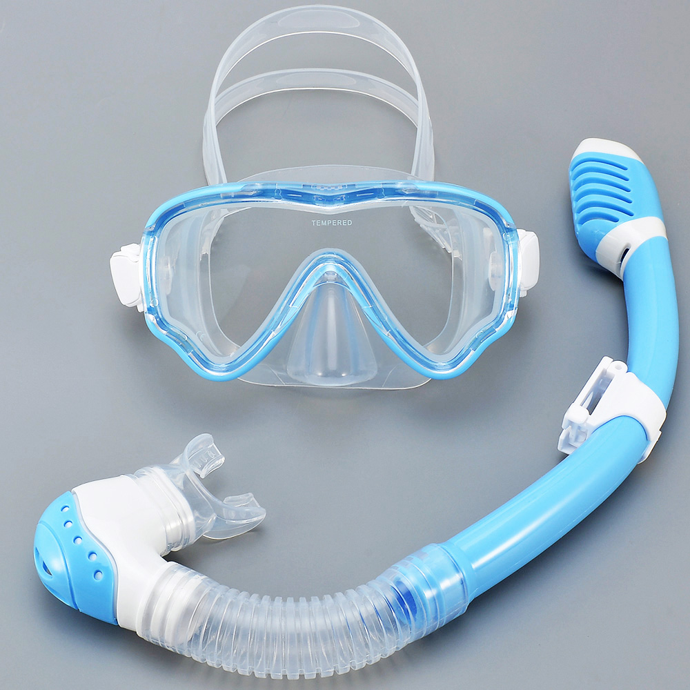 Snorkel Set - ชุดหน้ากากดำน้ำและสน็อกเกิลสำหรับเด็ก แว่นตาว่ายน้ำ กระจกนิรภัย มุมมองแบบพาโนรามา ป้องกันการรั่วซึม ป้องกันฝ้า