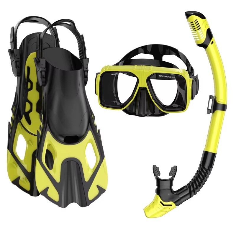 Swim Fins - ชุดดำน้ำแบบมืออาชีพ 3 ชิ้น หน้ากากซิลิโคน ท่อหายใจ และฟิน