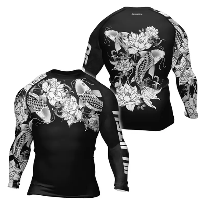 Rash Guard - เสื้อรัดกล้ามเนื้อแขนยาวผู้ชายสไตล์เรโทร แห้งเร็ว พิมพ์ลาย 3D สำหรับฟิตเนส ยูยิตสู